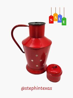 Vintage Hungarian Red Enamel Pitcher Jug w Lid Polka Dot Farmhouse 12" H